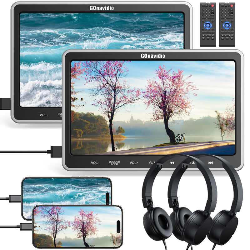 10.1" Dual Car DVD Players for Kids with HDMI Input 2 Headphones Mounting Bracket, Support Same/Different DVD Playing, Last Memory, Region Free, USB SD Card (2 Headrest DVD Players)