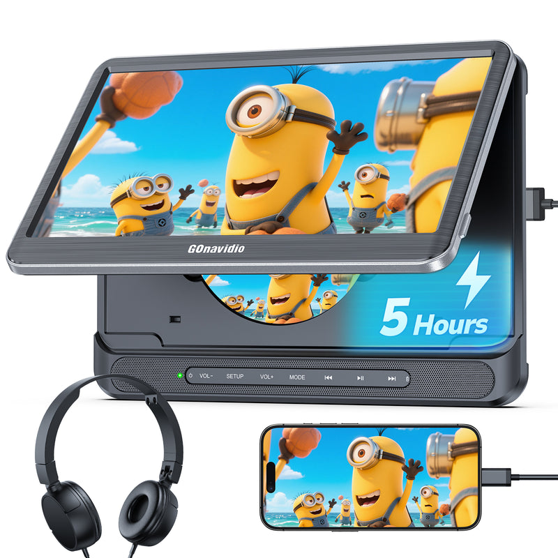 GOnavidio 12" Portable Car DVD Player with Headrest Mount, Built-in Rechargeable Battery, USB/SD, Includes Headphones