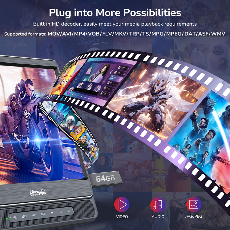 12" Full HD Screen Portable Car DVD Player Headrest Rechargeable Battery USB SD W/Headsets