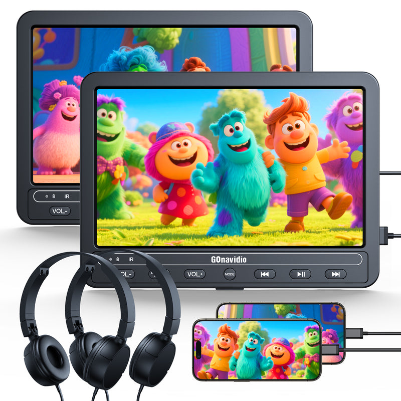 GOnavidio 10.1" Dual Portable DVD Players for Car with HDMI Input, 5 Hours Battery, Car DVD Player Support USB/SD Card, Play Same/Different Movies (2 x DVD Player)