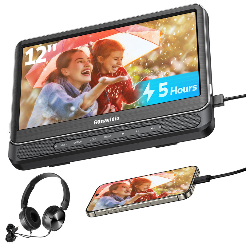 12" Portable Car DVD Player with Headrest Mount, Built-in Rechargeable Battery, USB/SD, Includes Headphones