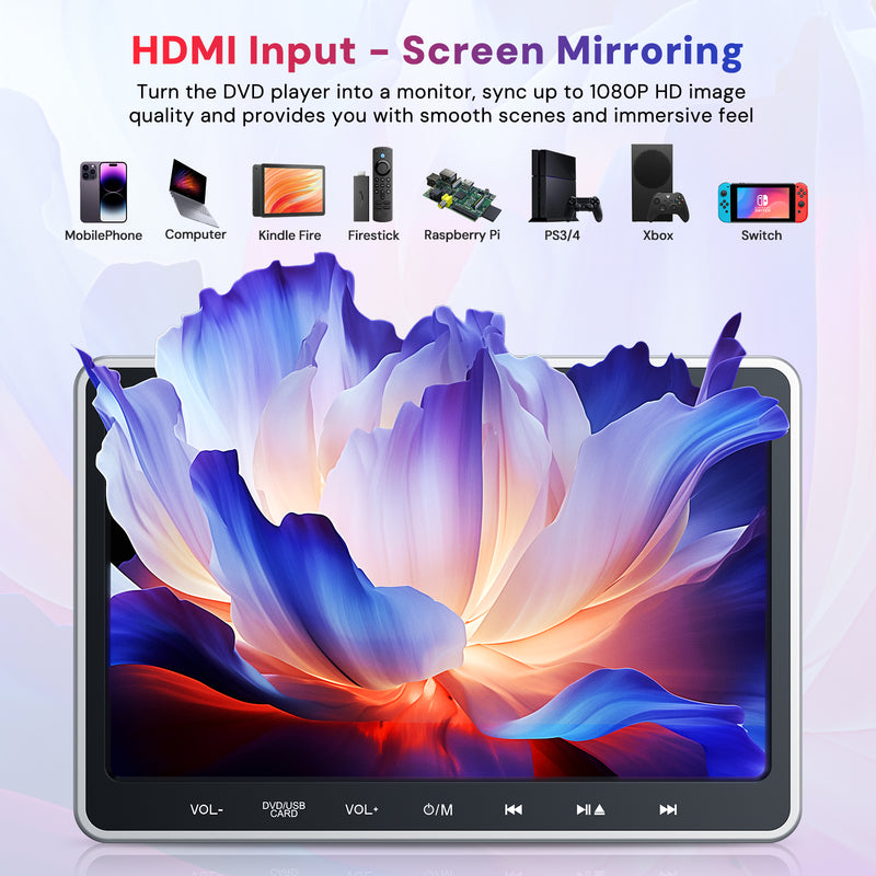 【Extra 10% OFF】10.1'' Car DVD Player for kids with HDMI Input, Car Video Player with Bracket Mount,Support USB/SD Card, AV in &amp; AV Out, Region Free, Last Memory