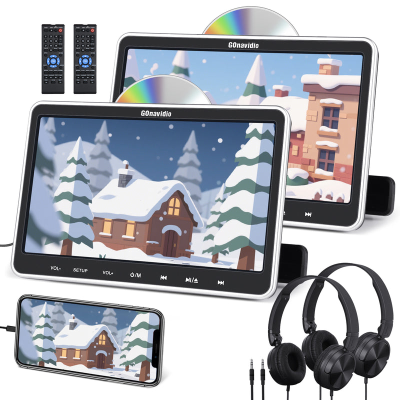 10.1" Dual Car DVD Players for Kids with HDMI Input 2 Headphones Mounting Bracket, Support Same/Different DVD Playing, Last Memory, Region Free, USB SD Card (2 Headrest DVD Players)