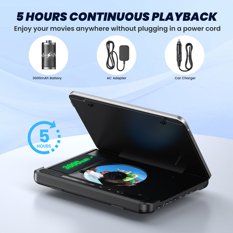 12" Portable Car DVD Player with Headrest Mount, Built-in Rechargeable Battery, USB/SD, Includes Headphones