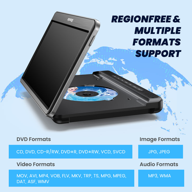 12" Portable Car DVD Player with Headrest Mount, Built-in Rechargeable Battery, USB/SD, Includes Headphones