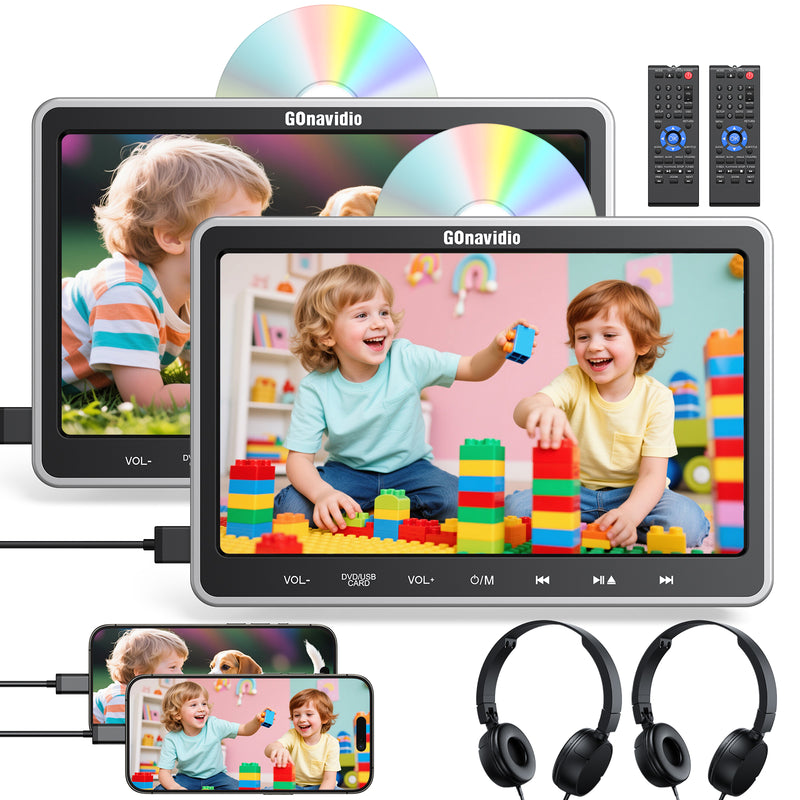 10.1 Inch Dual Car DVD Player Headrest Monitors with 2 Headphones and 2 Mounting Bracket