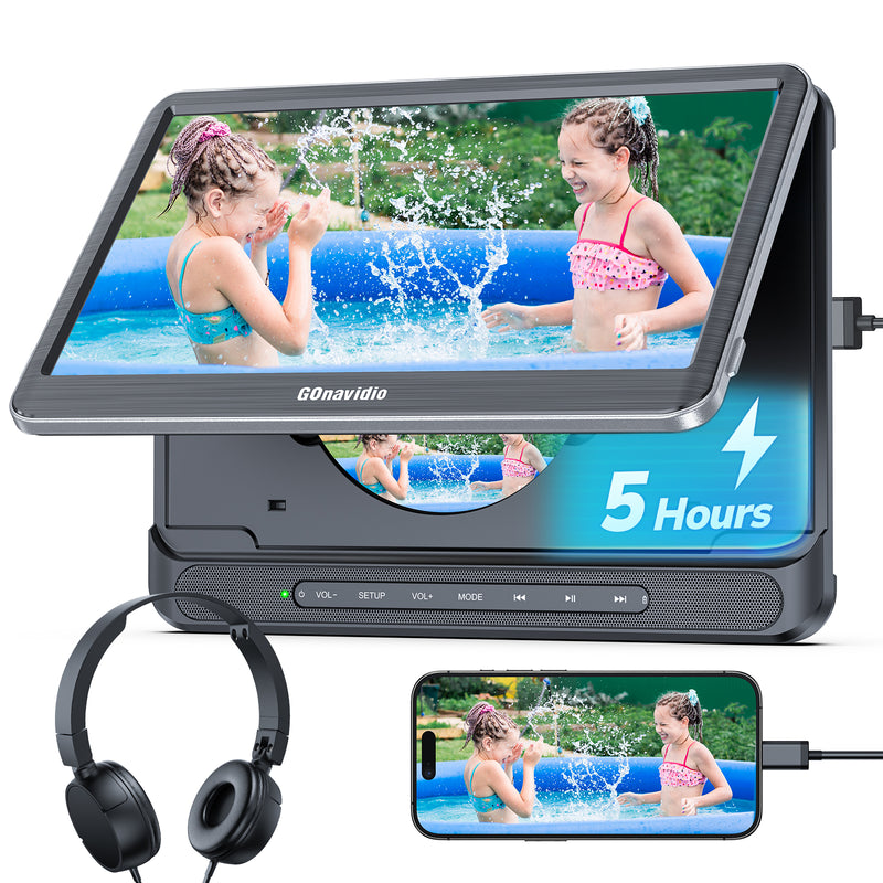GOnavidio 12" Portable Car DVD Player with Headrest Mount, Built-in Rechargeable Battery, USB/SD, Includes Headphones