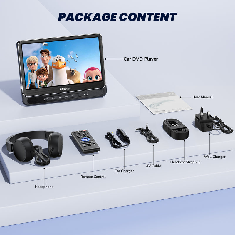 12" Portable Car DVD Player with Headrest Mount, Built-in Rechargeable Battery, USB/SD, Includes Headphones