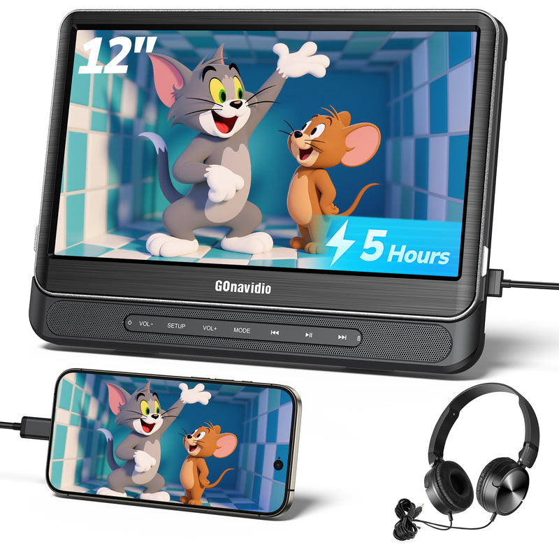 GOnavidio 12" Portable Car DVD Player with Headrest Mount, Built-in Rechargeable Battery, USB/SD, Includes Headphones
