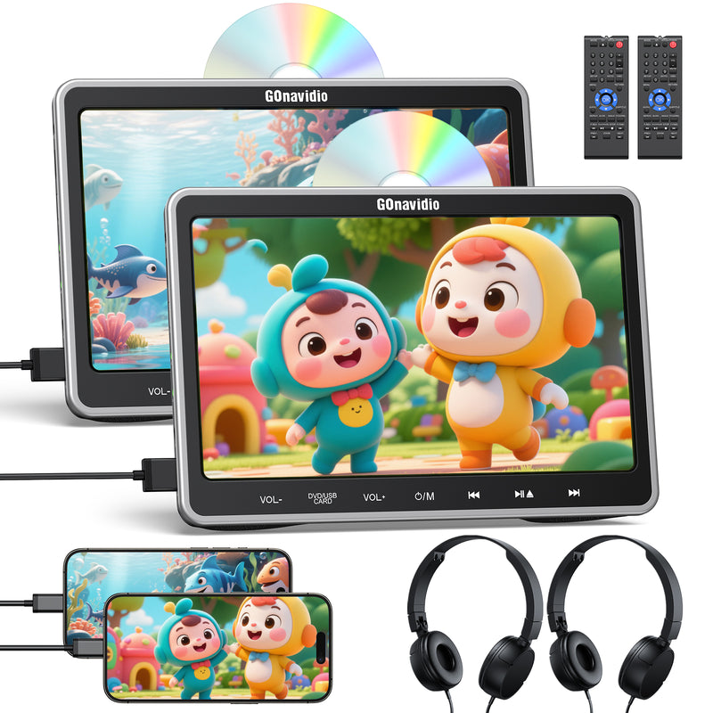 10.1" Dual Car DVD Players for Kids with HDMI Input 2 Headphones Mounting Bracket, Support Same/Different DVD Playing, Last Memory, Region Free, USB SD Card (2 Headrest DVD Players)