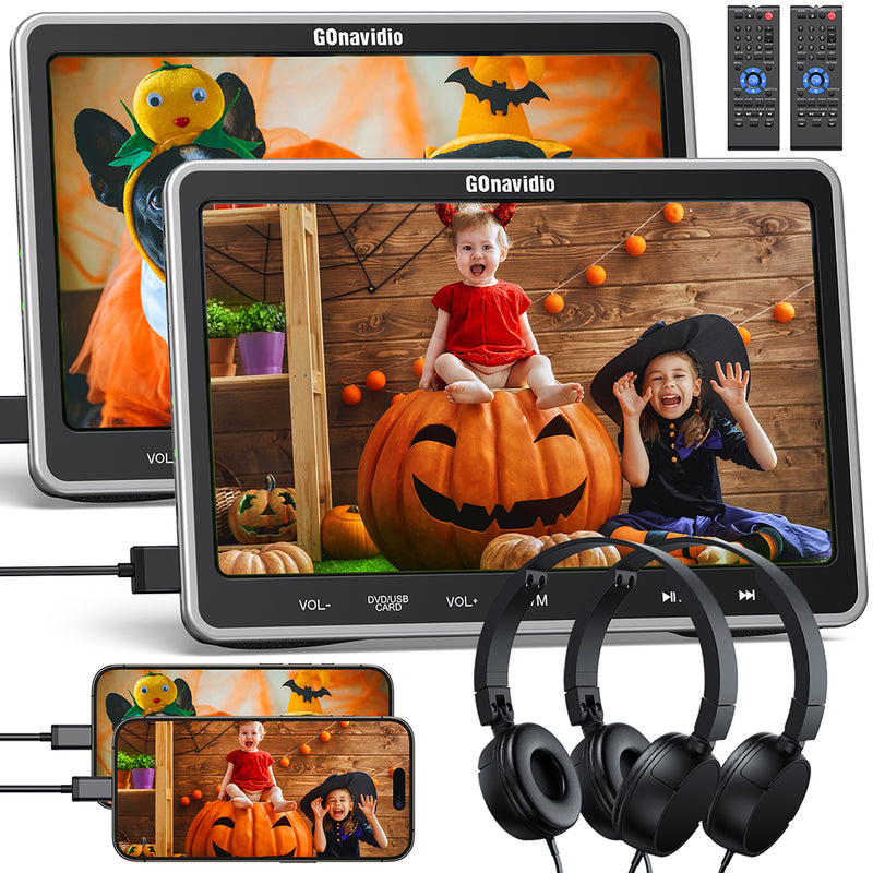 GOnavidio 10.1 Inch Dual Car DVD Player Headrest Monitors with 2 Headphones and 2 Mounting Bracket