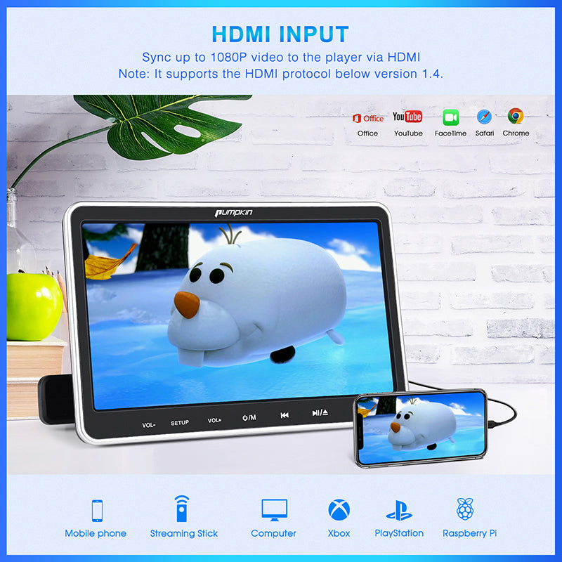 Pumpkin 10.1'' Headrest Monitor DVD Player with Headset Mounting Bracket Support HDMI Input AV in&Out Region Free Last Memory