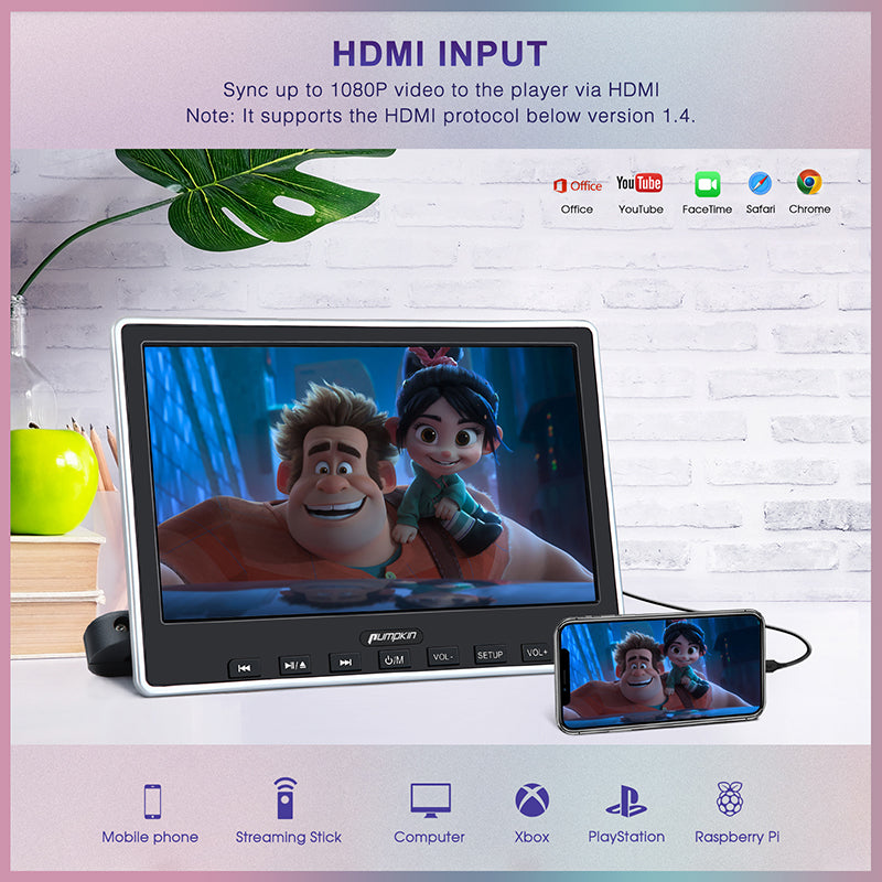 Pumpkin Suction Type Headrest DVD Player with 10.1 Inch HD Screen, Headrest TV for Car with HDMI Input Mounting Bracket and Remote Control